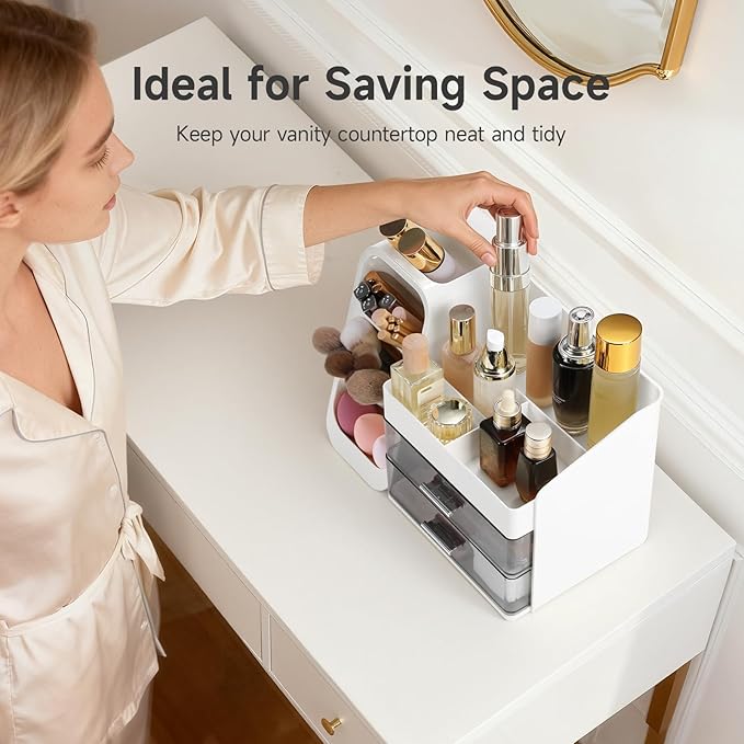 Delamu Makeup Organizer Countertop, Spacious Cosmetic Display Case with Makeup Brush Holder, Perfect Vanity Bathroom Organizer and Storage, Ideal Christmas Gifts for Women Girls, White
