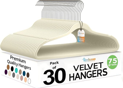 Techzoo Premium Velvet Hangers 30 Pack Ultra Thin Non Slip Adult Felt Space Saving Suit Hanger for Closet Heavy Duty Coat Pants Jackets Dress Hangers 360° Swivel Hook Hold Upto 10 lbs Ivory
