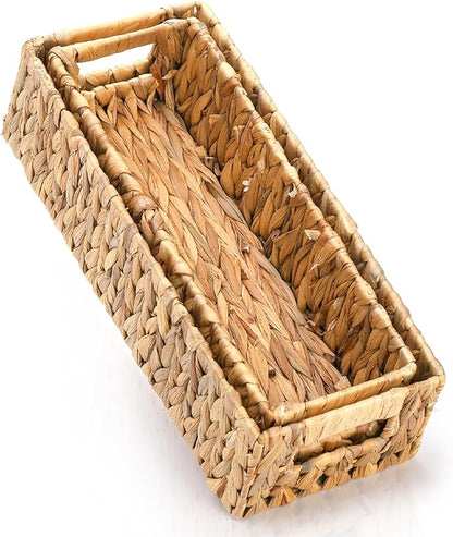 Eorbow 2 Pack Wicker Storage Baskets, Water Hyacinth Holder for Toilet Paper, Rectangular Natural Bins with Built-in Handles, Handwoven Organizer for Bathroom Kitchen Pantry Tank Top, 2 Sizes