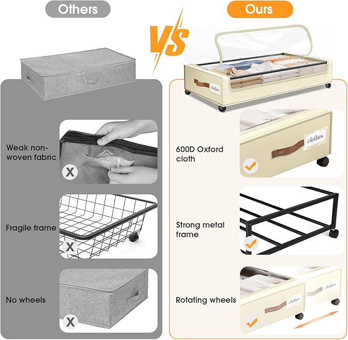 SpaceHacks Under Bed Storage with Wheels 2Pack Underbed Storage with Clear Window&Label Under Bed Drawers Large Capacity Rolling Under Bed Storage for Clothes,Shoes, Blankets (Beige)