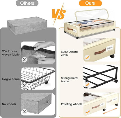 SpaceHacks Under Bed Storage with Wheels 2Pack Underbed Storage with Clear Window&Label Under Bed Drawers Large Capacity Rolling Under Bed Storage for Clothes,Shoes, Blankets (Beige)