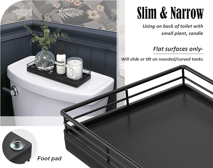 Bathroom Tray for Counter, Oak Wood 11" L Small Vanity Tray for Dresser Tops Perfume Jewelry Makeup Candle Soap Sponge Holder for Kitchen Countertop Organizer Coffee Table Decor Bar Black