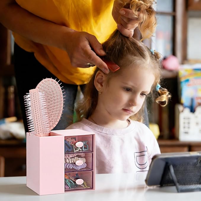 Plastic Hair Accessories Organizer with Comb Holder Makeup Container Jewelry Storage Box for Vanity Bathroom Countertop, Pink