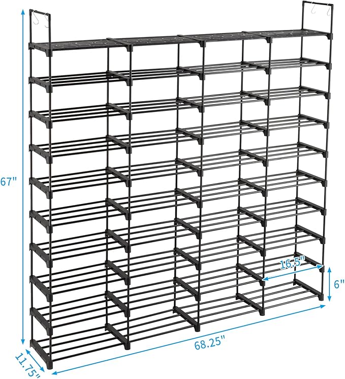 10 Tier Free Standing Shoe Rack, 80 Pairs Tall Vertical Shoe Shelf, Stackable Metal & Waterproof PP, Adjustable Height with Hooks for Closet, Entryway, Dorm