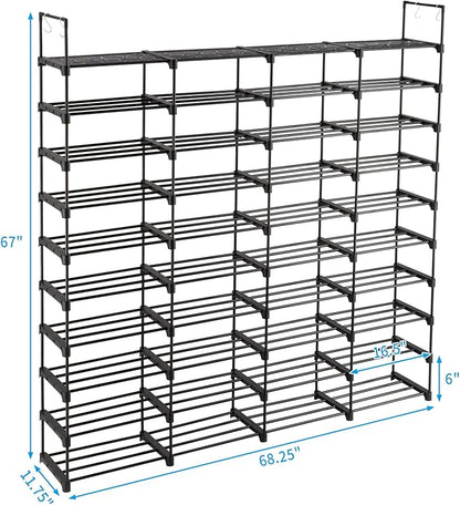 10 Tier Free Standing Shoe Rack, 80 Pairs Tall Vertical Shoe Shelf, Stackable Metal & Waterproof PP, Adjustable Height with Hooks for Closet, Entryway, Dorm