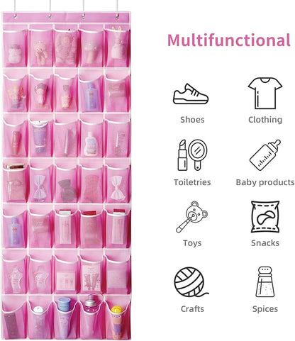 SAVERHO 35 Pockets Over the Door Shoe Organizer, Hanging Shoe Organizer for Door with 35 Mesh Pockets Large Capacity Shoe Hanging Storage Bag with 4 Metal Hooks (Pink-1Pack)