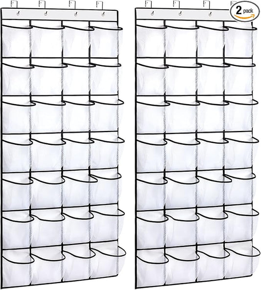 REGELETO 2 Pack 28 Pocket Over the Door Shoe Organizer, Hanging Shoe Rack for Door Large Capacity Shoe Organizer Holder with 4 Metal Hooks (White-2Pack)