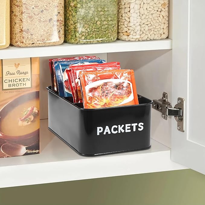 BSTKEY Seasoning Packet Organizer, Food Storage Organizer with Divided 4 Compartments, Metal Storage Caddy for Kitchen Pantry Cabinet, Kitchen Organization Bin for Snacks Spice Packets, Black