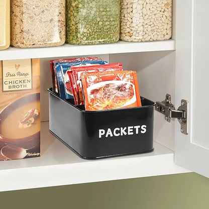 BSTKEY Seasoning Packet Organizer, Food Storage Organizer with Divided 4 Compartments, Metal Storage Caddy for Kitchen Pantry Cabinet, Kitchen Organization Bin for Snacks Spice Packets, Black