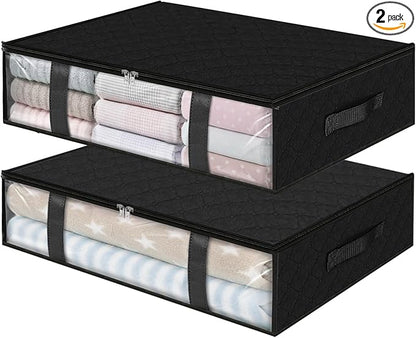 StorageRight Under Bed Storage Bags 2 Pack, 40L Large Clothes & Comforter Storage Containers with Clear Window, Breathable Fabric Organizer for Blankets, Bedding, Seasonal Clothing, Black