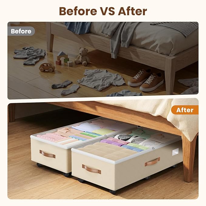 Budding Joy Under Bed Storage with Wheels 2Pack, 80L Height Adjustable Underbed Containers with Clear Lids, Rolling Under Bed Shoe Storage Organizer for Dorm Home Clothes, Blankets, Toys, Beige