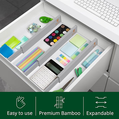 Bamboo Drawer Dividers Organizers, Adjustable Drawer Separator Splitters, 17–22 Inches Expandable Drawer Divider Organizer for Large Utensils, Kitchen, Bedroom, Dresser & Office Drawers 4-Pack, Gray