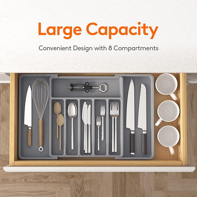 Lifewit Silverware Drawer Organizer, Expandable Utensil Tray for Kitchen, BPA Free Flatware and Cutlery Holder, Adjustable Plastic Storage for Spoons Forks Knives, 13-22 x 15", Grey