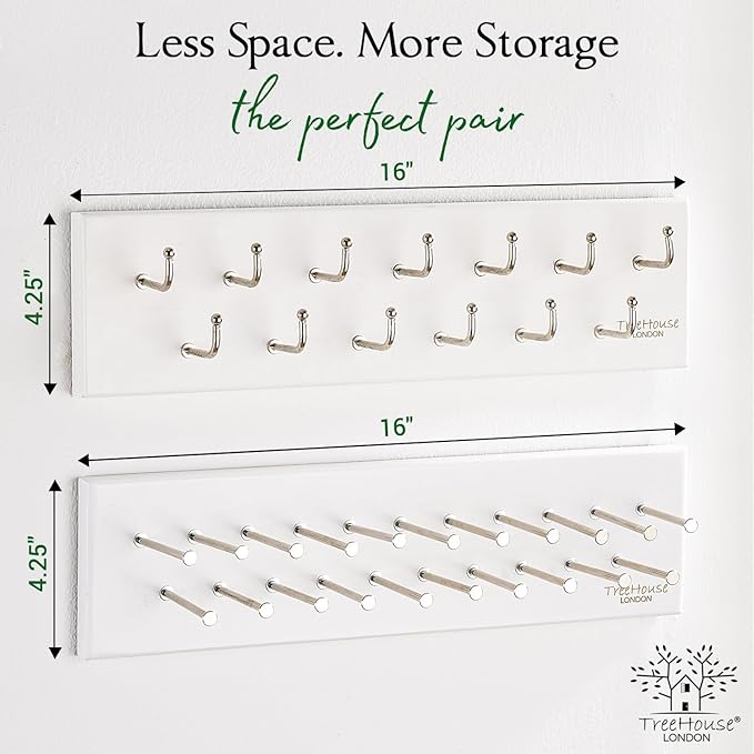 TreeHouse London Tie Rack Organizer – Holds 40 Large Ties – Solid Wood & Sturdy Metal Storage Holder for Closet – Wall Mounted Tie Display Hanger for Wall, Bedroom (White) 16''L x 4.25''H