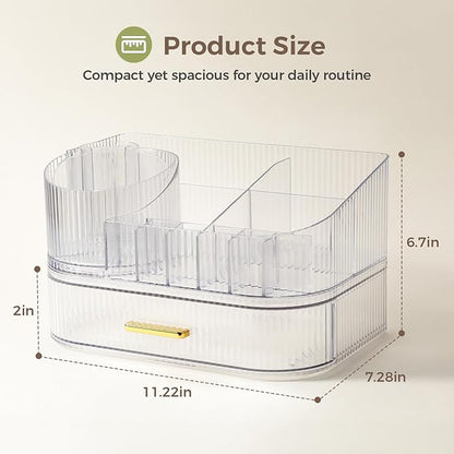Delamu Makeup Organizer for Vanity with Stackable Drawers, 360 Rotating Makeup Brush Holder Large Cosmetic Display Case, Bathroom Skincare Storage, Crystal Clear, Ideal Gifts for Women