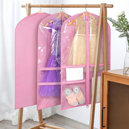 Univivi Dance Costume Bags Garment Bag 40 Inch Hanging Clothes for Dance Competitions, with 3 Medium Clear Zipper Pockets for Dance Costumes, Closet Storage (Pink) - 12 Pack
