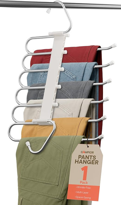 Campior Space Saving Pants Hangers 1 Pack, 6 Layer Jeans Hangers and Closet Organizer for Jeans, Scarves, & Skirts, Multi-Layer Hanger with Anti-Slip Stopper, Heavy-Duty S-Type Stainless Steel, White