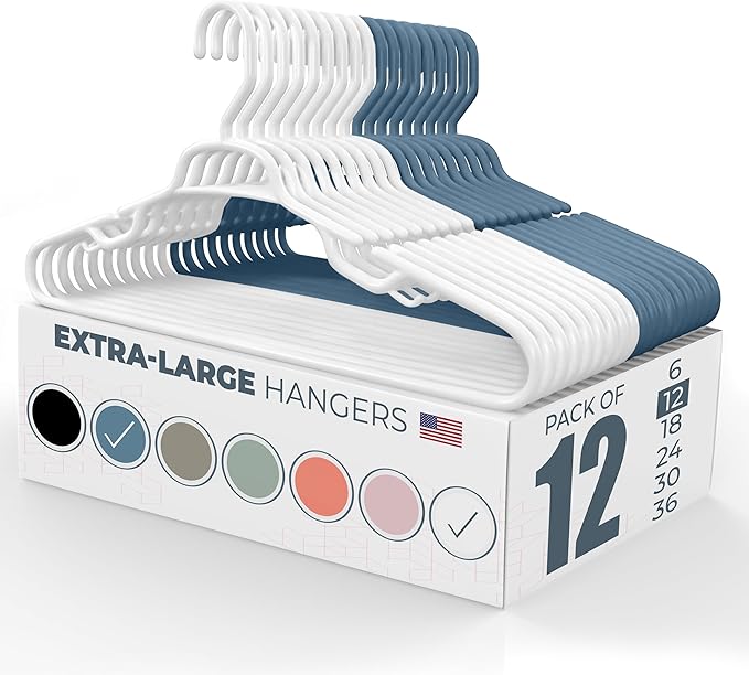 Large & Wide Heavy Duty Clothes Hangers 12 Pack – Made in USA – Ideal for Plus Size Clothing – 10lb Plastic Hangers with Notches for Oversized Adult Coats & Pants – White & Blue