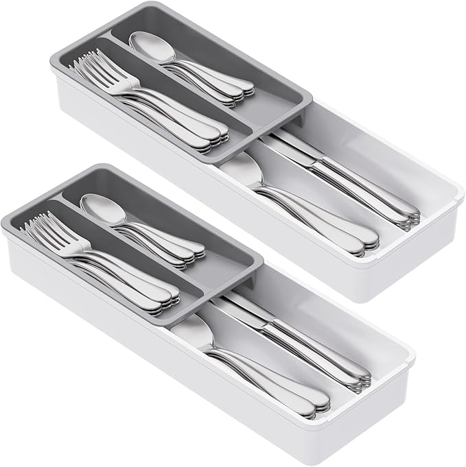 Lifewit Compact Silverware Organizer for Kitchen Drawer, Narrow Flatware Tray Holder, Plastic Cutlery Spoons, Forks and Knives Storage, White&Gray, 2 Pack