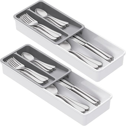 Lifewit Compact Silverware Organizer for Kitchen Drawer, Narrow Flatware Tray Holder, Plastic Cutlery Spoons, Forks and Knives Storage, White&Gray, 2 Pack