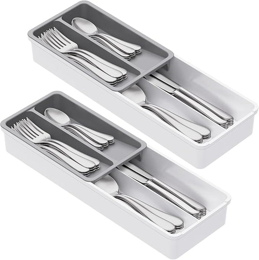 Lifewit Compact Silverware Organizer for Kitchen Drawer, Narrow Flatware Tray Holder, Plastic Cutlery Spoons, Forks and Knives Storage, White&Gray, 2 Pack