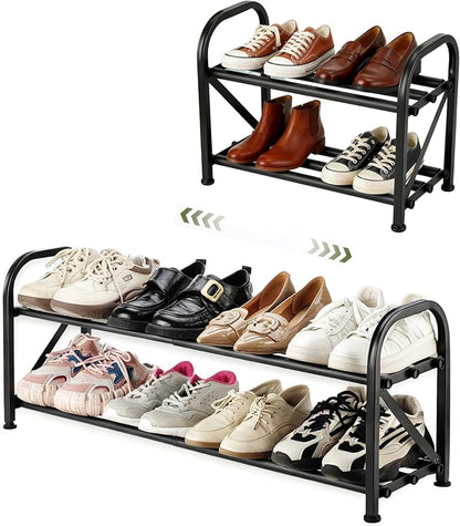 2-Tier Shoe Rack for Closet, 16"-32" Expandable ShoeRack, Adjustable for Entryway Closet Doorway SturdyMetal, Black