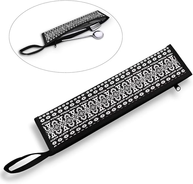 Black Boho Portable Camping Straw Tableware Storage Bag Cutlery Carrier Bag with Handle Outdoor Reusable Flatware Bag Leakproof Chopsticks Case