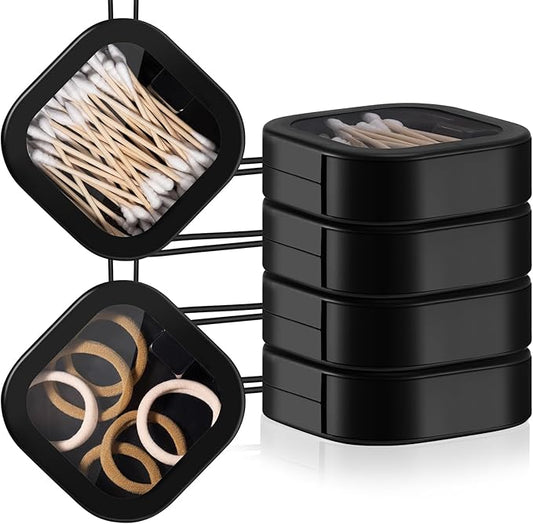 Kathfly 4 Pcs Black Hair Tie Organizer Portable Hair Accessory Storage Containers Stackable Tie Bobby Pin Holder Home Cotton Swab Dispenser Accessories Jewelry Organizer Box
