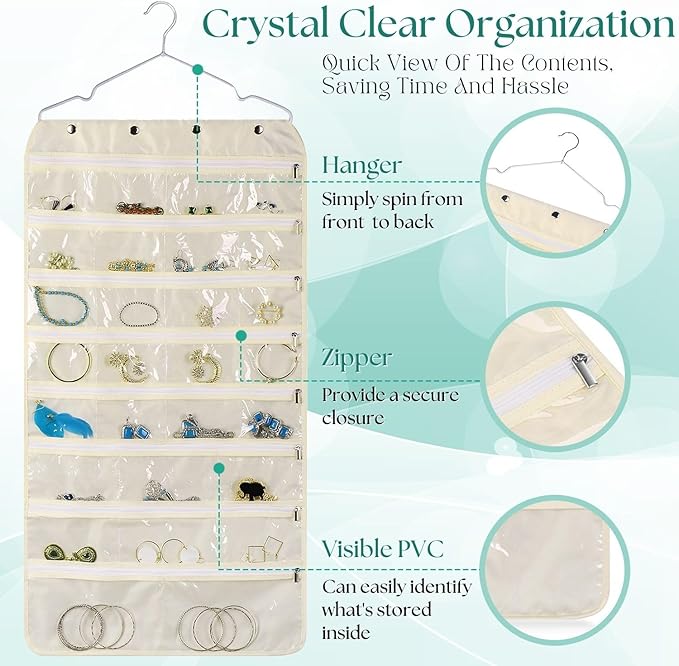 Flexzion Hanging Jewelry Organizer with Zippered Pockets - (1 Pack) Beige Closet Jewelry Organizer Storage with Hanger, 56 Pockets Dual Sided Earring Organizer Hanging for Bracelet, Watches, Ring
