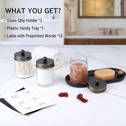 SheeChung 3pcs Glass Qtip Holder with Tray - Oil Rubbed Bronze Bathroom Storage Jars - Apothecary Jar Set for Cotton Swabs & Floss Picks - Decorative Vanity Organizer