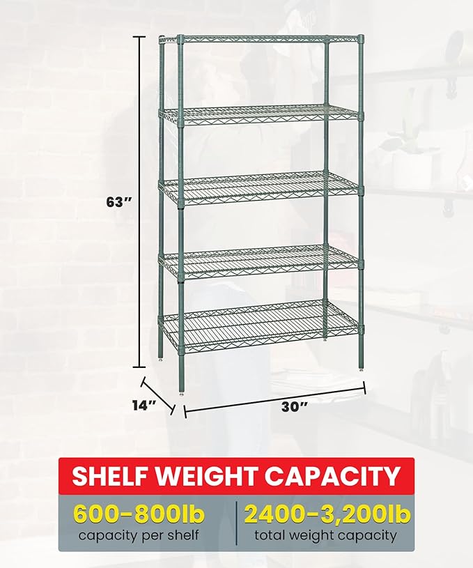 Quantum Storage Systems WR63-1430P-5 Wire Shelving Starter Kit, 30" W x 14" D x 63" H, 600 lbs Capacity, Carbon Steel, Epoxy Coated, Green, NSF