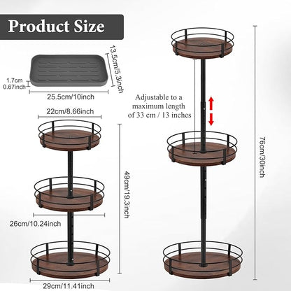 3-Tier Adjustable Lazy Susan Spice Rack Organizer, 360° Rotating Countertop Turntable with Wooden Shelves, Metal Frame & Silicone Drip Tray for Kitchen, Bathroom & Office