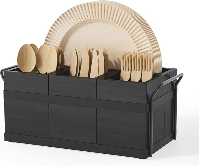 Wood Silverware Caddy Paper Plate Dispenser Utensil Caddy, Cutlery Holder for Party Cutlery Flatware Organizer Box for Knives, Spoons, Cups, Forks, Napkins