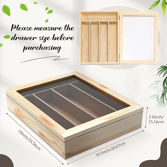 Baderke Silverware Storage Box with Lid Kitchen Drawer Organizer Utensil Organizer with Lid 5 Slots Wooden Silverware Storage Case Silverware Container Tray for Kitchen Cutlery Countertop