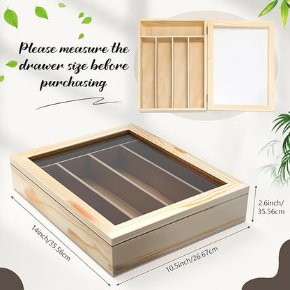 Baderke Silverware Storage Box with Lid Kitchen Drawer Organizer Utensil Organizer with Lid 5 Slots Wooden Silverware Storage Case Silverware Container Tray for Kitchen Cutlery Countertop