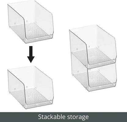 mDesign Stackable Plastic Food Storage Organizer Bin Basket with Open Front for Household Kitchen Cabinets, Pantry, Offices, Closets, Bedrooms, Bathrooms - 7.7" Wide, 4 Pack - Clear