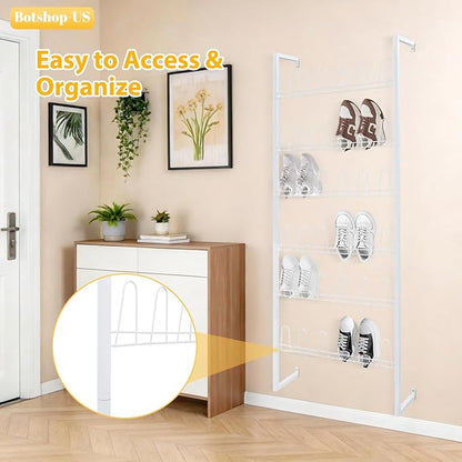 Gdrasuya10 6 Tier Wall Mounted Metal Shoe Rack, 70" Tall 18 Pairs Hanging Shoe Organizer for Entryway & Closet, Space Saving Door Shoe Storage Hanger for Sneakers, Boots (White)