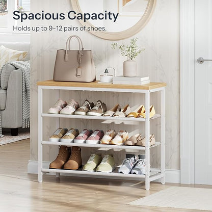 HOOBRO Shoe Rack with 3 PU Shelves, 4-Tier Shoe Storage Organizer for Closet and Entryway, Holds 9-12 Pairs of Shoes, Sturdy Metal Frame, Small Spaces, White and Natural WN94XJ01