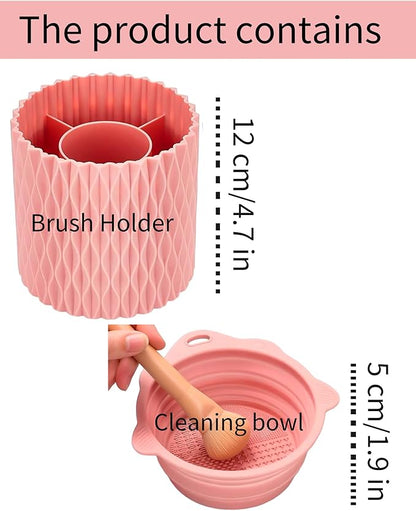 YLYZ Makeup Brush Holder with Cleaning Bowl, Makeup Brush Organizer Cosmetic Display Cases, Hair Brush Holder for Vanity, Pink