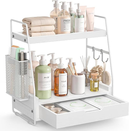 2 Tier Bathroom Counter Organizer Wood - Tiered Bathroom Countertop Shelf with Drawer, Removable Basket & 2 Hooks, Makeup Vanity Organizer for Skincare Perfume Toiletries, 13'' White