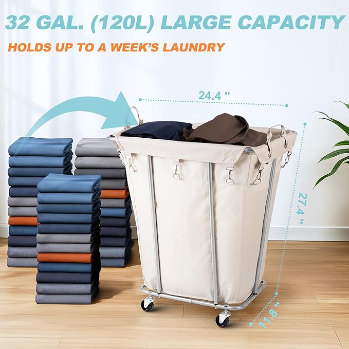 PLKOW Laundry Basket with Wheels 120L Heavy-Duty Laundry Cart with Removable Waterproof Bag, Metal Frame Clothes Basket with Lockable Casters for Home, Laundry Room, Hotel, Beige