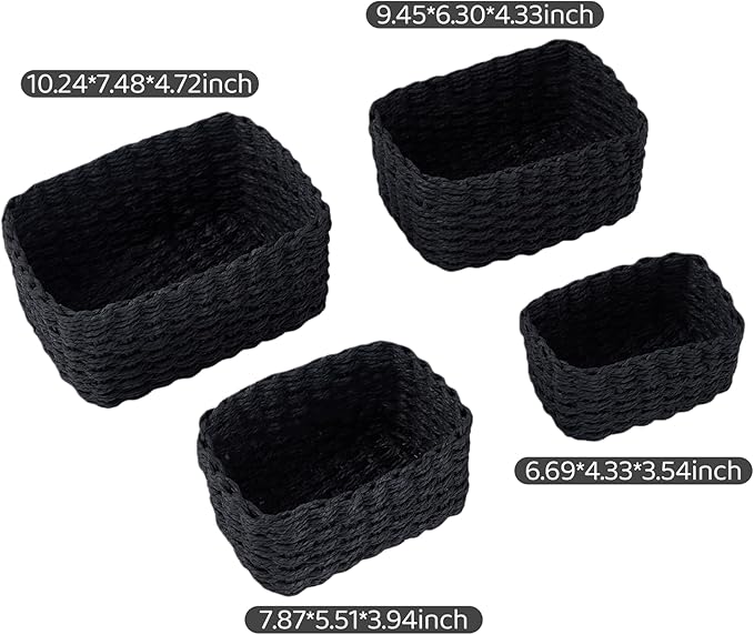 4PCS Woven Storage Baskets Set, Small Baskets for Organizing, Square Handwoven Paper Rope Organizer Bins for Shelves and Home Storage (Black)