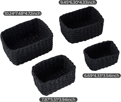 4PCS Woven Storage Baskets Set, Small Baskets for Organizing, Square Handwoven Paper Rope Organizer Bins for Shelves and Home Storage (Black)