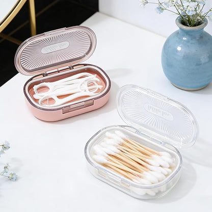 2 Pcs Small Travel Containers Hair Tie Container, Cotton Swab Holder Flosser Dispenser with Lid - Plastic Portable Storage Box for Small Items, Pink & White, 3.94 x 2.76 Inch