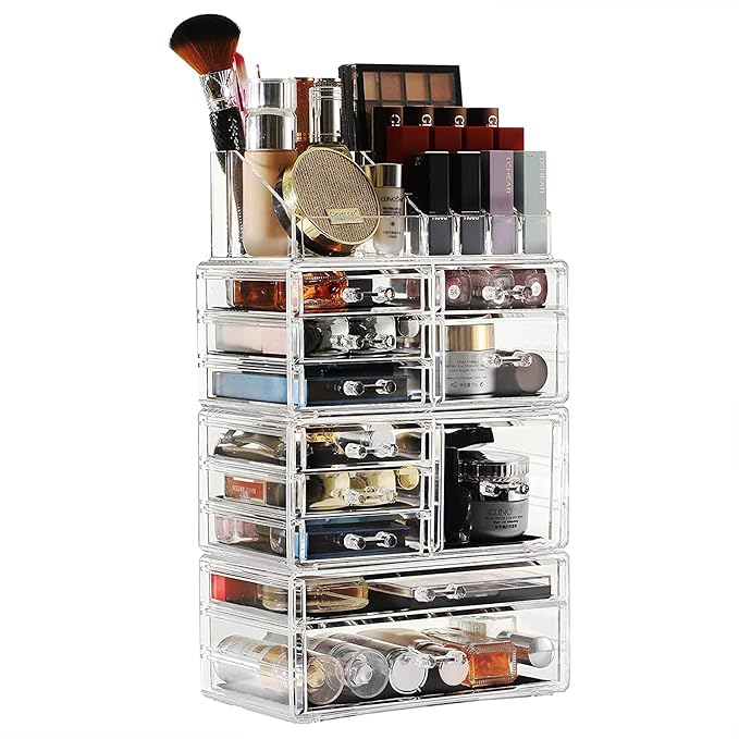 Cq acrylic Makeup Organizer Skin Care Large Clear Cosmetic Display Cases Stackable Storage Box With 11 Drawers For Vanity,Set of 4