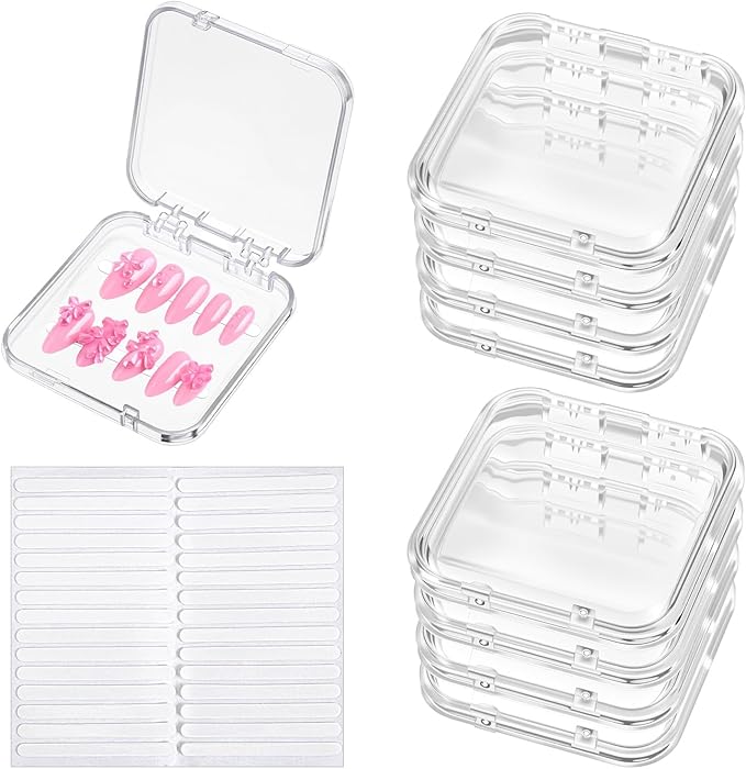 8Pcs Press On Nail Cases, Press On Nails Packaging Transparent Nails Storage Box for Manicurist & Enthusiasts, Includes 60Pcs Double Sided Adhesive Tape Organizing Lightweight