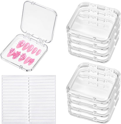 8Pcs Press On Nail Cases, Press On Nails Packaging Transparent Nails Storage Box for Manicurist & Enthusiasts, Includes 60Pcs Double Sided Adhesive Tape Organizing Lightweight