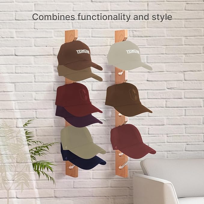 Solid Wood Hat Rack for Wall (2 Pack) - 20 Baseball Cap Organizer - Premium Beech Hat Holder & Vertical Display - Heavy Duty Hat Hangers for Closet, Door, Mens Room Decor (Natural)