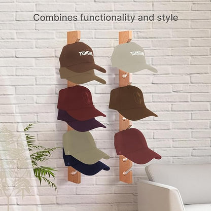Solid Wood Hat Rack for Wall (3 Pack) - 30 Baseball Cap Organizer - Premium Beech Hat Holder & Vertical Display - Heavy Duty Hat Hangers for Closet, Door, Mens Room Decor (Natural)