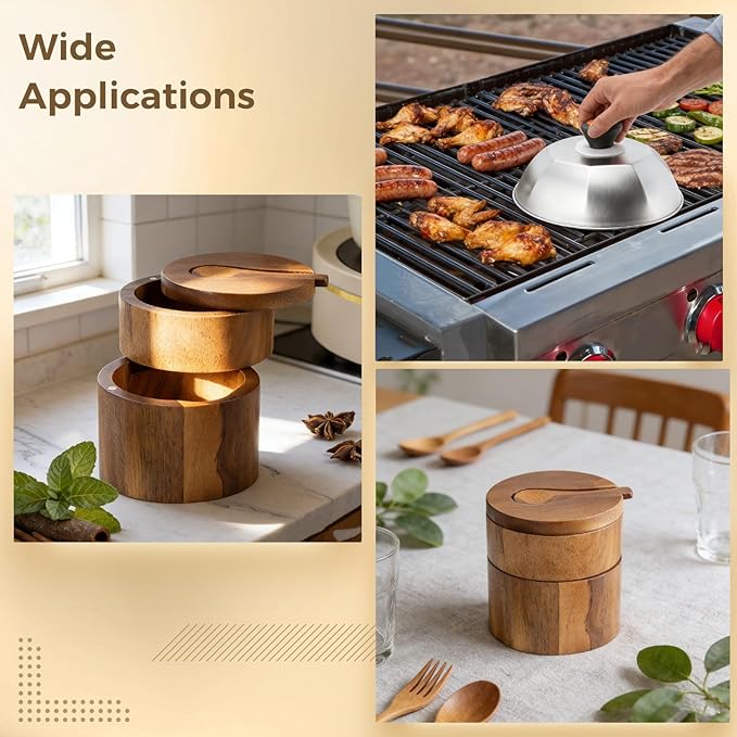 Acacia Wood Salt Cellar, 2-Layer Wooden Seasoning Box with Spoon and with Strong Attachment Force Swivel Lid, 4.1x3.5x3.5 in Kitchen Spice Container Organizer, Brown